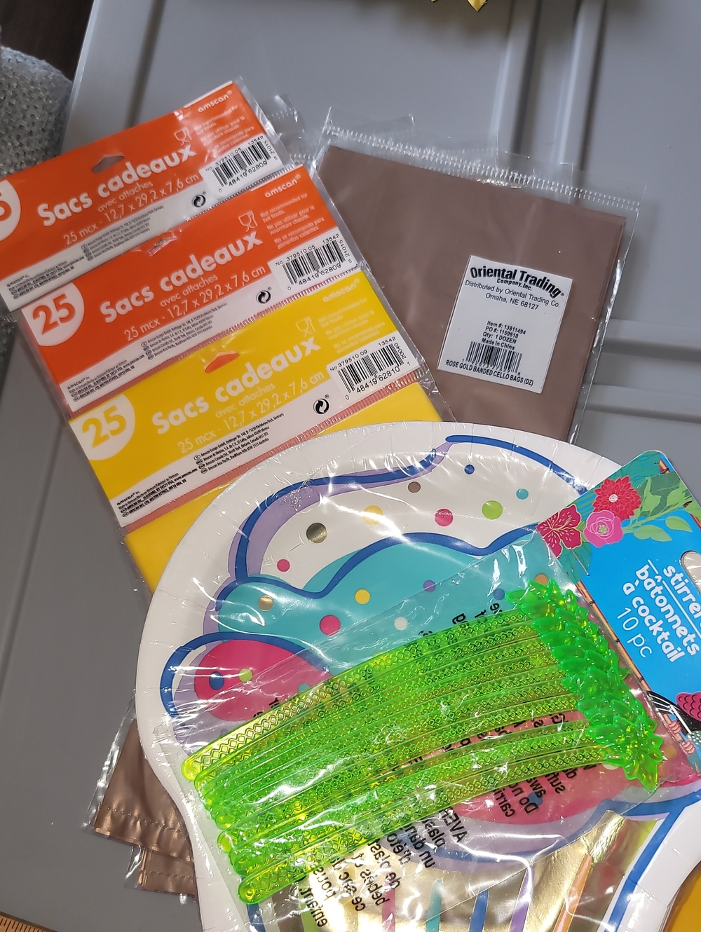 Assorted Party Supplies. Treat Bags, Cocktail Stirres & Cupcake Plates.